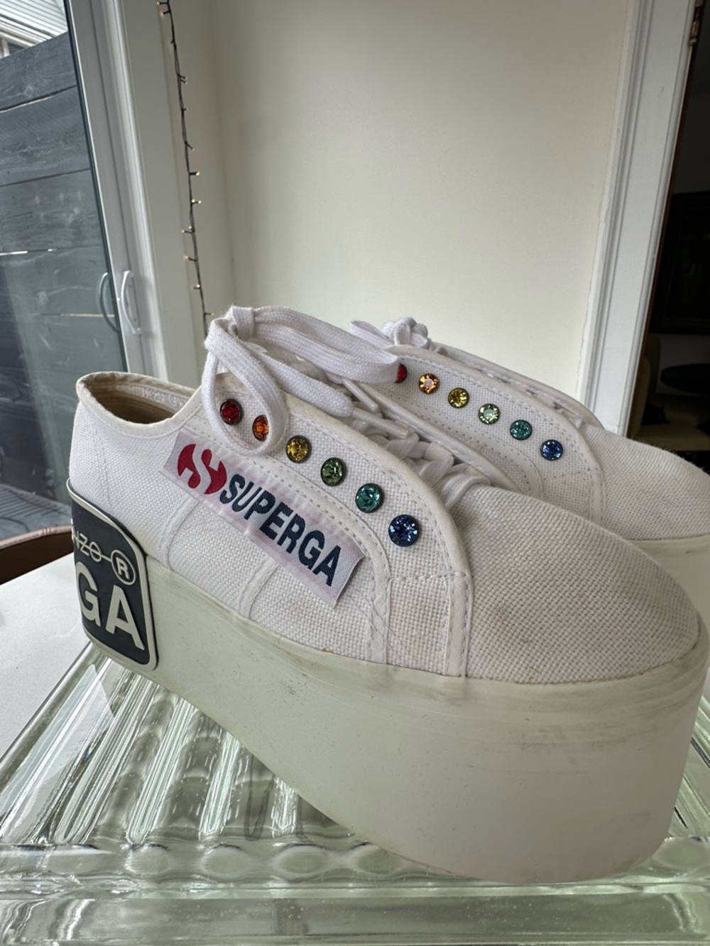 Superga White Platform Sneakers with Rainbow Gem Eyelets